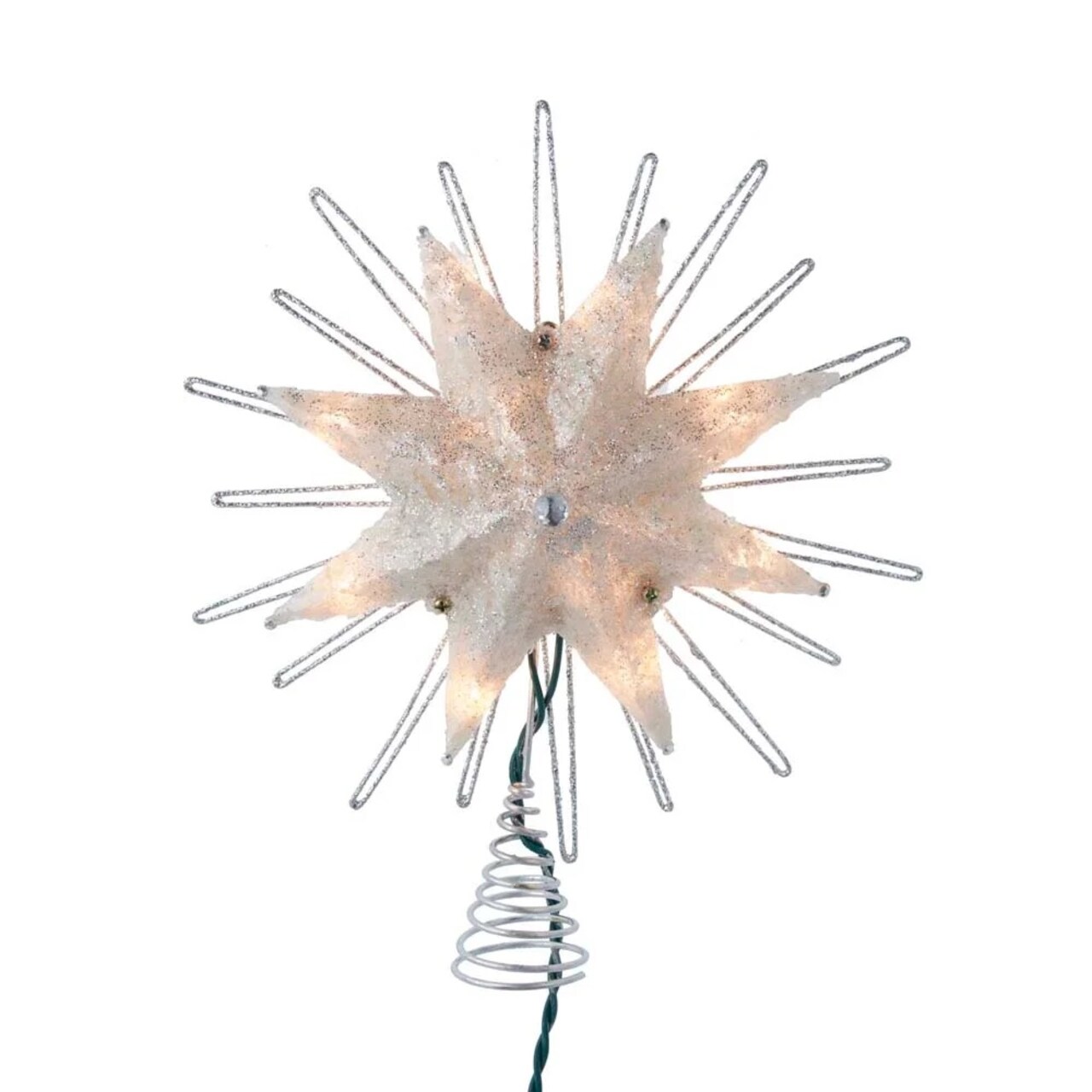 KSA 9.5" Lighted Silver Star Christmas Tree Topper, UL Clear Lights